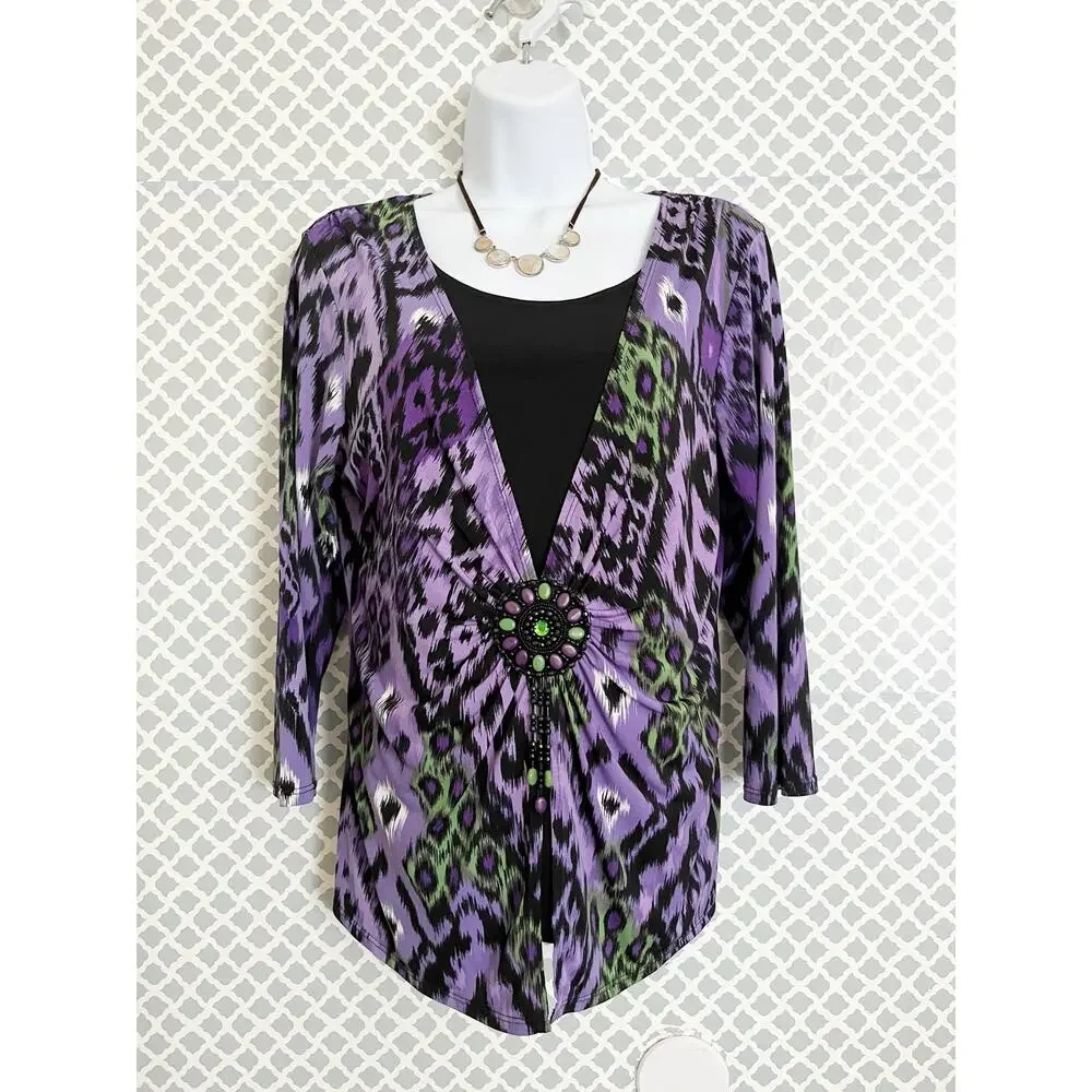 NOTATIONS Purple Geometric Blouse M | Beaded Accent Layered Top